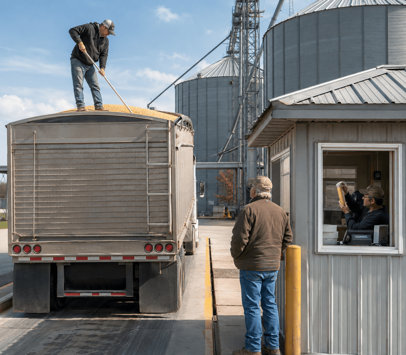 A producer watching the scale-house operator hold up a probe sample while his truck is graded, Lonoke County, Arkansas