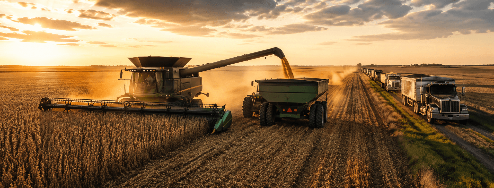 Combine unloading soybeans into a grain cart at sunset, with trucks lined up to haul, Lonoke County, Arkansas